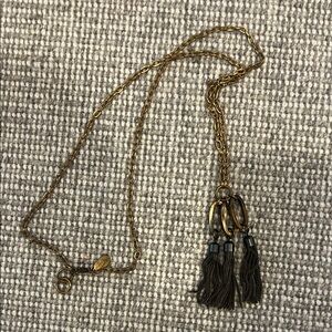We Dream in Colour brass necklace with triple tassles. Approx 21” incl tassles.
